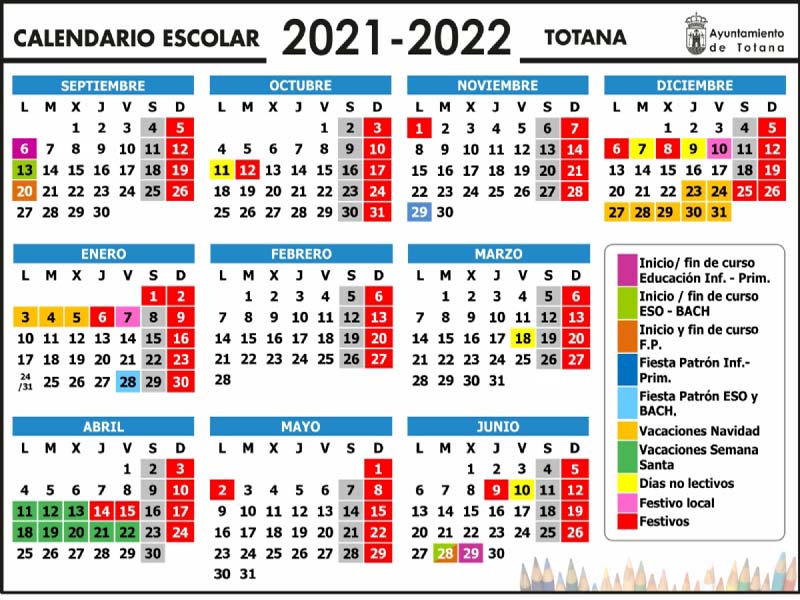 El curso escolar 2021/22 en Totana se inicia el 6 de Septiembre en Infantil y Primaria en ESO y Bachillerato el 13 y en FP el dia 20
